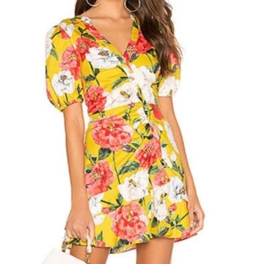 Parker Minna Floral Coquette Brunch Puff-sleeve Mini Dress In Lemon Yellow SZ 2